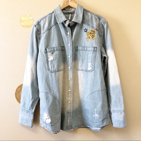 Free People Embroidered Tiger Rawrs Denim Top - Picture 3 of 8